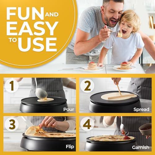 Crepe Maker Machine (Easy to Use), Pancake Griddle – Nonstick 12” Electric Griddle – Pancake Maker, Batter Spreader, Wooden Spatula – Crepe Pan for Crepes Roti, Tortilla, Blintzes – Portable, Compact - CookCave