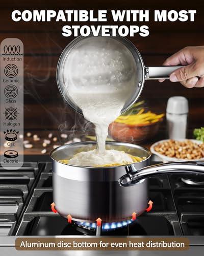 Cooks Standard Saucepan with Lid 18/10 Stainless Steel, 2-Quart Professional Sauce pot Mini Milk Pan, Oven Safe 500℉, Compatible with All Stovetops - CookCave