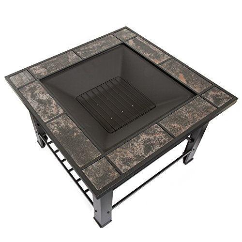 Fire Pit Set, Wood Burning Pit - Includes Screen, Cover and Log Poker - Great for Outdoor and Patio, 30 inch Square Marble Tile Firepit by Pure Garden, Black - CookCave