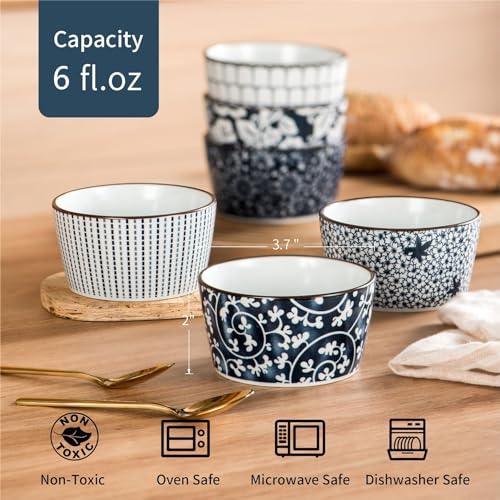 JOBNTZ Ceramic Ramekins for Creme Brulee, 6 oz Ramekins Versatile Custard Cups, Souffle Dishes, Pudding Cups, and Ice Cream Bowls Baking Ramiken Bowls in Set of 6 Oven-Safe, Blue and White Porcelain. - CookCave