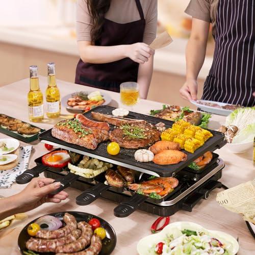 Korean BBQ Grill, Indoor Raclette Table Grill Smokeless 2 in 1 Electric Griddle Nonstick with 8 Raclette Cheese Pans Adjustable Temperature Control 1300W Ideal for Family and Party Fun - CookCave