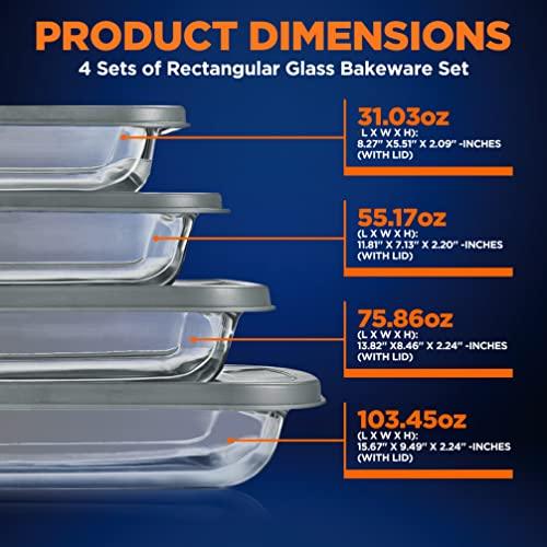 NutriChef 4 Sets Glass Bakeware - High Borosilicate Rectangular Glass Baking Dish w/Gray BPA-Free PE Lids, Freezer-to-Oven Home Kitchen Bake Casserole Food Storage Stackable Tray Pan, Dishwasher Safe - CookCave