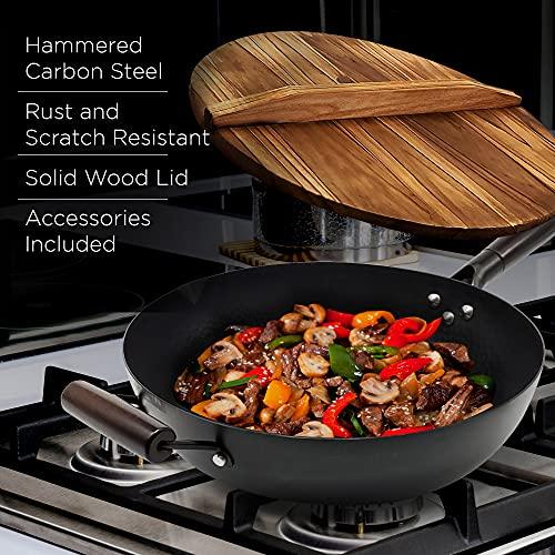 HOME EC Carbon Steel Wok Pan With Lid, Stir Fry Wok Set, Steel Spatula, and Cleaning Brush - Non-Stick Big 12.75in Flat Bottom Chinese woks & stir-fry pans - CookCave