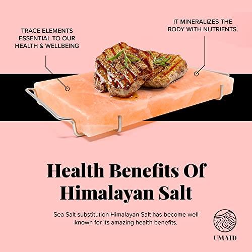 UMAID Himalayan Salt Block For Grilling, Cooking, Cutting and Serving,12X8X1.5 Food Grade Himalayan Pink Salt Stone on Stainless Steel Plate & Recipe Pamphlet, Unique Gifts for Men, Women, Chef, Cooks - CookCave