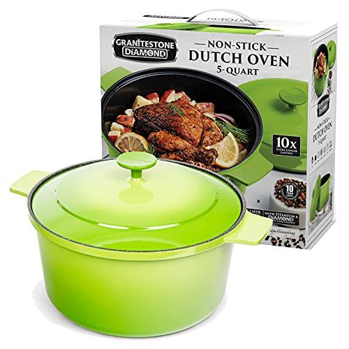 Granitestone Dutch Oven, 5 Quart Ultra Nonstick Enameled Lightweight Aluminum Dutch Oven Pot with Lid, Round 5 Qt. Stock Pot, Dishwasher & Oven Safe, Induction Capable, Healthy 100% PFOA Free, Green - CookCave