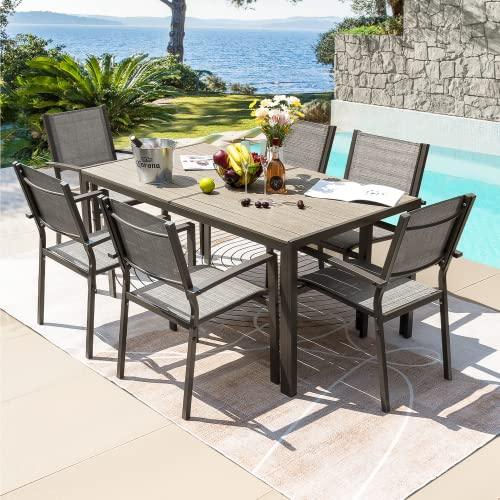 Rankok 7 Piece Patio Dining Set Outdoor Furniture Set with Weather Resistant Table and 6 Stackable Textilene Chairs for Garden, Yard, Garden and Poolside (Gray) - CookCave