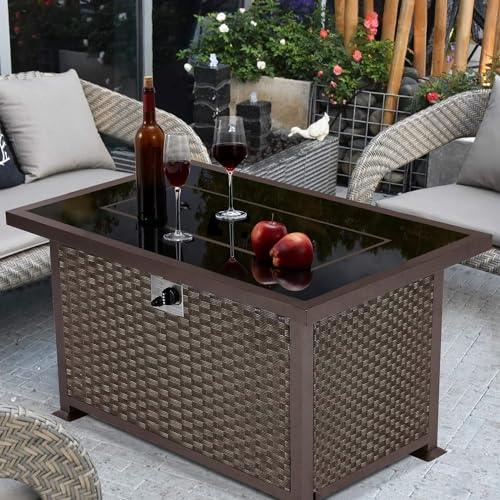 U-MAX 44in Outdoor Propane Gas Fire Pit Table, 50,000 BTU Auto-Ignition Gas Firepit with Glass Wind Guard, Black Tempered Glass Tabletop & Blue Glass Rock, Brown PE Rattan, CSA Certification - CookCave