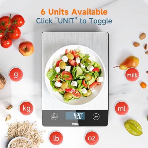 OWill Food Kitchen Scale,22lb Digital Kitchen Scale for Food Grams and Ounces,0.05oz/1g Precise Graduation,Rechargeable Stainless Steel Gram Scale, Included Batteries and USB-C Charging Cable -Silver - CookCave