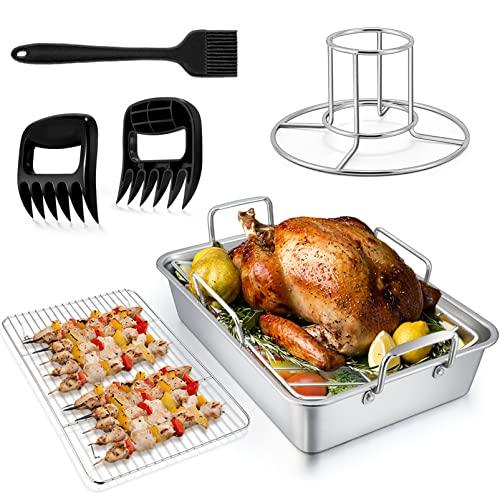 TeamFar Roasting Pan, 14 In Stainless Steel Turkey Roaster Pan with Cooling Rack & V Rack, Beer Can Chicken Holder/Meat Claws/Brush, Healthy & Dishwasher Safe, Set of 7 - CookCave