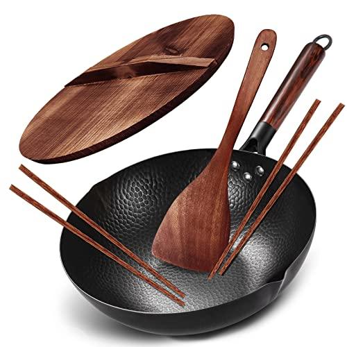 BrBrGo Carbon Steel Wok, 13 Inch Wok Pan with Lid and Cookwares, 5 Piece Woks & Stir-Fry Pans Set, No Chemical Coated Flat Bottom Chinese Woks for Induction, Electric, Gas, All Stoves - CookCave