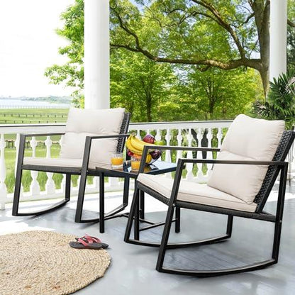 Flamaker Patio Chairs 3 Piece Wicker Rocking Chair Outdoor Bistro Sets with Coffee Table and Cushions Metal Frame Patio Furniture for Porch, Balcony, Lawn (White) - CookCave