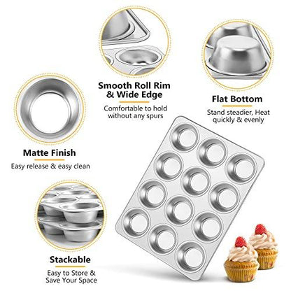 TeamFar 12-Cup Muffin Pan, Stainless Steel Muffin Tin Metal Cupcake Baking Pan for Oven, Regular Size & Non Toxic, Easy Clean & Dishwasher Safe - CookCave