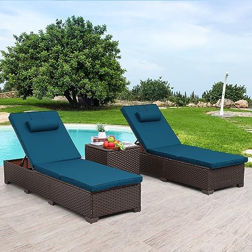 Outdoor PE Wicker Chaise Lounge Set, Patio Lounge Chairs, Outside Poolside Lounger Furniture Set of 3, Brown Rattan Recliners with Adjustable Backrest, Peacock Blue Cushions, and Storage Table - CookCave