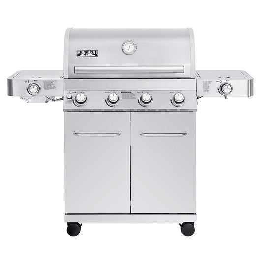 Monument Grills Larger 4-Burner Propane Gas Grills Stainless Steel Cabinet Style with Side & Side Sear Burners, Built in Thermometer, and LED Controls - CookCave