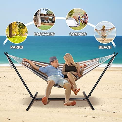 SUPER DEAL Portable Hammock with 9FT Space Saving Steel Stand Set, 620lb Capacity Double Brazilian Style 2 Person Hammock Bed with Carrying Case for Camping Garden Backyard Patio Indoor Outdoor - CookCave