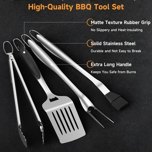 SHINESTAR Heavy Duty Grill Tools Set, Stainless Steel Grill Utensils, Features Spatula, Fork, Tongs and Basting Brush, Perfect for Barbecue & Grilling, Dishwasher Safe, 4PCS - CookCave