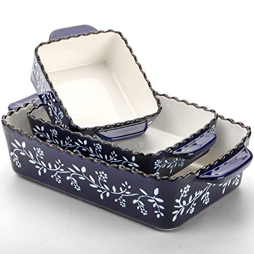 AVLA 3 Pack Ceramic Bakeware Set Porcelain Rectangular Baking Dish Lasagna Pans for Cooking Kitchen Casserole Dishes Cake Dinner 12 x 8.5 x 6 Inches of Baking Pans Banquet and Daily Use Cobalt Blue - CookCave