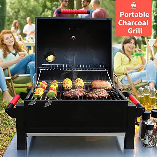 Feasto Portable Charcoal BBQ Grill Grates with Cast Iron Grill, Tabletop Charcoal Grill with 354 Sq. In Cooking Area, for Outdoor Camping and Picnic, Black, L26.8’’x W20’’x H21.3’’ - CookCave