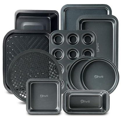 Perlli Baking Pan 10 Piece Set Nonstick Carbon Steel Gray Oven Bakeware Kitchen Set, 2 Cookie Sheets, 2 Round Cake Pans, Square Pan, Roasting Pan, Loaf Pan, Crisp Pan, Pizza Crisper, & Muffin Pan - CookCave