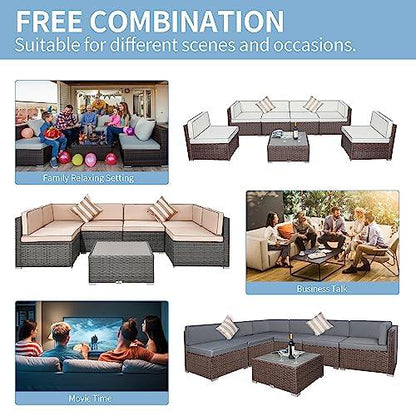 7 Piece Outdoor Patio Furniture Sets with Cushions, Outdoor Sectional Sofa Set, Patio PE Rattan Wicker Conversation Couch Sets with Slatted Coffee Table, and Striped Pillows (Light Gray/Gray) - CookCave