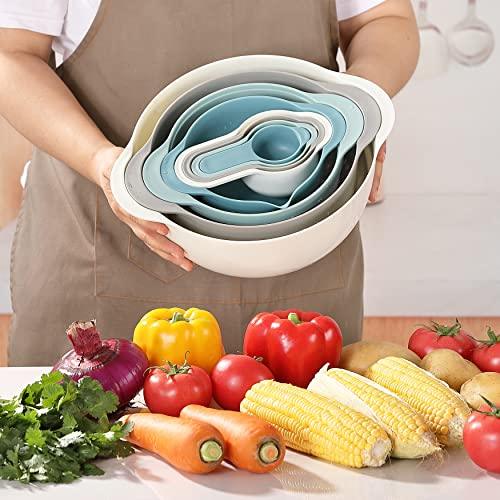 Lccowot 8PCS Mixing Bowls, Plastic Mixing Bowl Set, includes 2 Mixing Bowl, 1 Colander, 1 Sifter and 4 Measuring Cups, Space Saving Nesting Mixing Bowls for Kitchen, Ideal for Baking and Cooking - CookCave