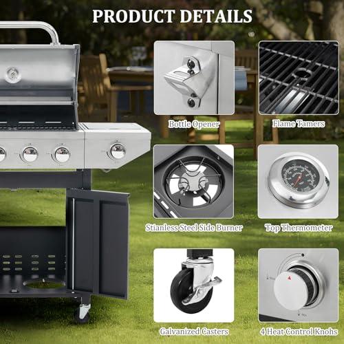 Unovivy 4-Burner Propane Gas BBQ Grill with Side Burner & Porcelain-Enameled Cast Iron Grates Built-in Thermometer, 47,000 BTU Outdoor Cooking, Patio, Garden Barbecue Grill, Black and Silver - CookCave