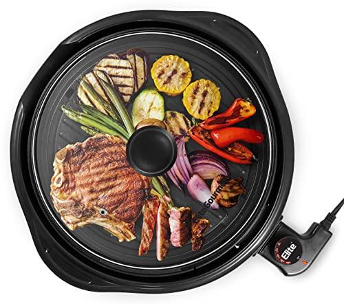 Elite Gourmet EMG1100 Electric Indoor Nonstick Grill, Dishwasher Safe, Cool Touch, Fast Heat Up Ideal Low-Fat Meals, Includes Tempered Glass Lid, 11", Black - CookCave