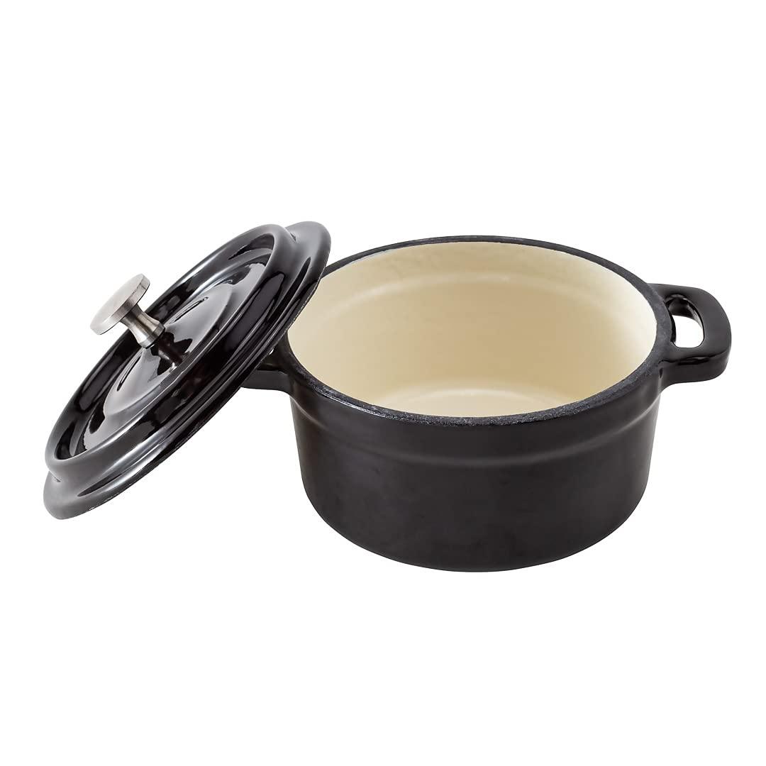 Restaurantware 8 Ounce Mini Casserole Dish, 1 Mini Dutch Oven With Lid - Enameled, Round, Black Cast Iron Mini Cocotte, Heavy-Duty, For Baking, Braising, or Roasting - CookCave