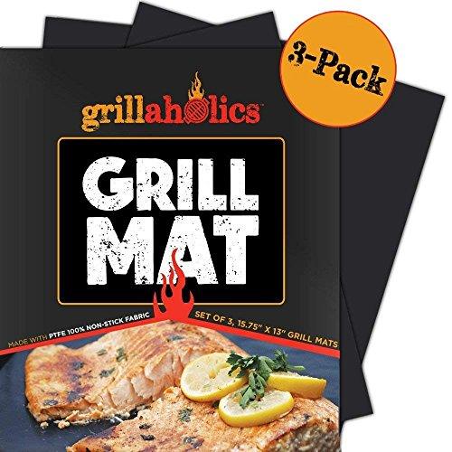 Grillaholics Grill Mat - Set of 3 Heavy Duty BBQ Grill Mats - Non Stick, Reusable and Dishwasher Safe Barbecue Grilling Accessories - Lifetime Manufacturers Warranty - CookCave