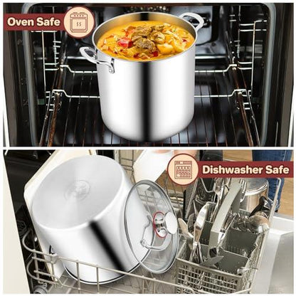 TeamFar 12 Quart Stock Pot, Stainless Steel Tri-ply Stockpot Large Pasta Soup Cooking Pot with Clear Lid, for Induction Gas Electric Ceramic, Healthy & Heavy Duty, Solid Handles & Dishwasher Safe - CookCave