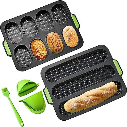 Set of 4 Silicone Baguette Pan with gloves brush Mini Baguette Baking Tray Silicone Loaf Pan NonStick Silicone French Bread Baking Mould Easy Clean DIY 8 Loave Baguette Mold Loaf Pan (Dark gray) - CookCave