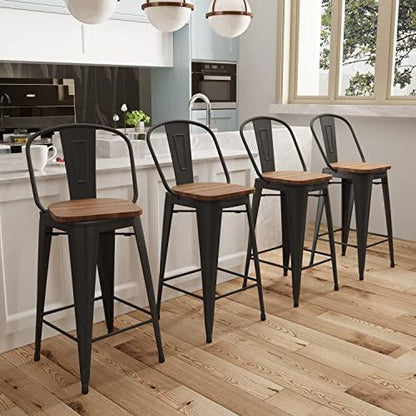 Aklaus Swivel Metal Bar Stools Set of 4 Counter Height Stools Counter Bar Stools with Back Swivel Metal Bar Chairs Wooded Seat 26 Inch Matte Black barstools - CookCave