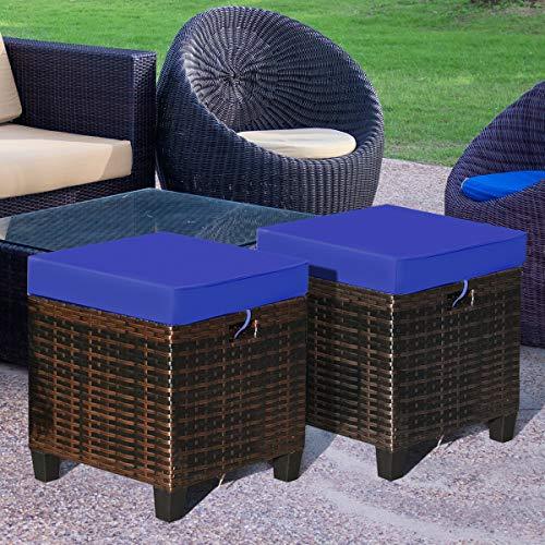 Tangkula 2 Pieces Outdoor Patio Ottoman, All Weather Rattan Wicker Ottoman Seat, Patio Rattan Furniture, Outdoor Footstool Footrest Seat w/Removable Cushions (Navy Blue) - CookCave