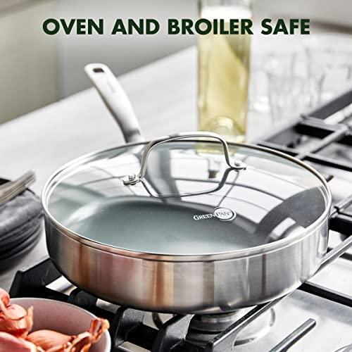 GreenPan Chatham Tri-Ply Stainless Steel Healthy Ceramic Nonstick 3.75QT Saute Pan Jumbo Cooker with Lid, PFAS-Free, Multi Clad, Induction, Dishwasher Safe, Oven Safe, Silver - CookCave