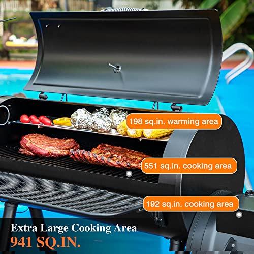 Sophia & William Heavy-Duty Charcoal Smoker Grills Extra Large Outdoor BBQ Gill with Offset Smoker, 941 SQ.IN. Cooking Area with Warming Tray,Push-out Ash Tray for Event Gathering, Black - CookCave