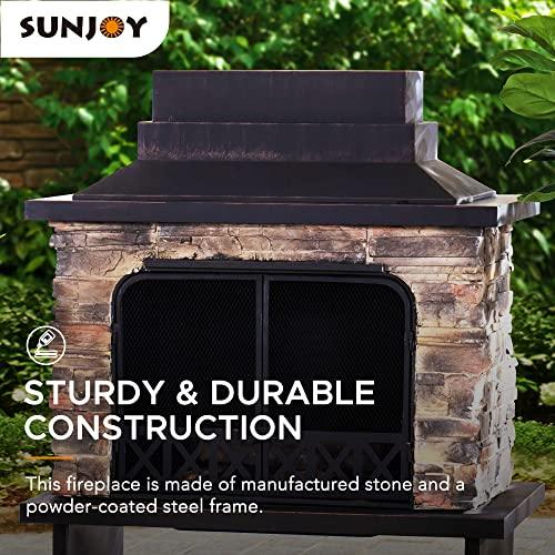 Sunjoy Outdoor Fireplace, Heavy Duty Patio Wood Burning Fireplace with Steel Chimney, Mesh Spark Screen Doors, Removable Grate and Fire Poker, Black - CookCave