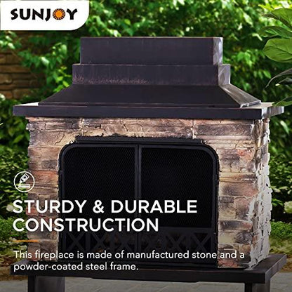 Sunjoy Outdoor Fireplace, Heavy Duty Patio Wood Burning Fireplace with Steel Chimney, Mesh Spark Screen Doors, Removable Grate and Fire Poker, Black - CookCave