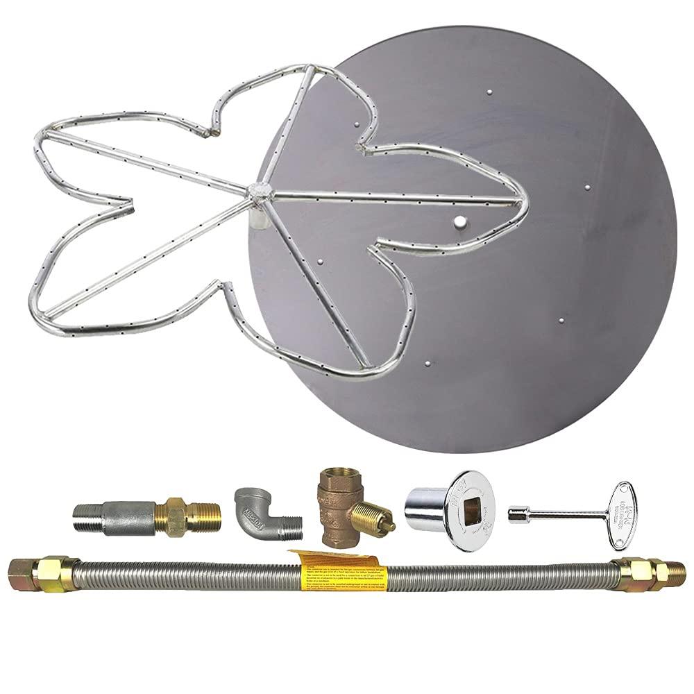 Spotix HPC Penta Match Lit Fire Pit Burner Kit with 24-Inch Stainless Steel Burner and 30-Inch Round Flat Pan, Propane, Polished Chrome, with Flange, Key, Valve, Flex Line and Fittings - CookCave