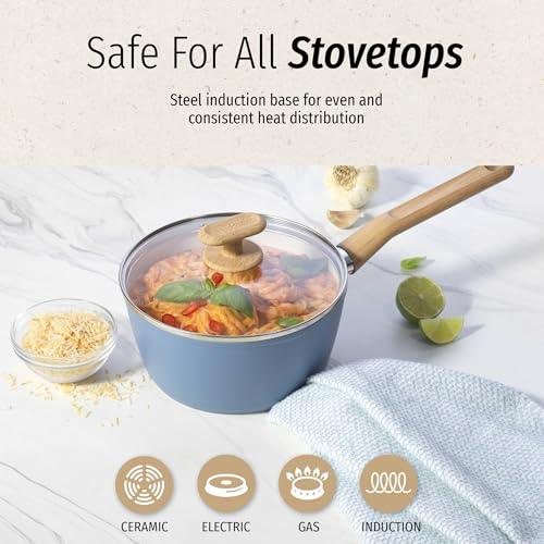 GoodCook 2-Qt. Healthy Ceramic Titanium-Infused Sauce Pan, Nonstick Aluminum Saucepan with Glass Lid and Stay Cool Handle, Light Blue - CookCave
