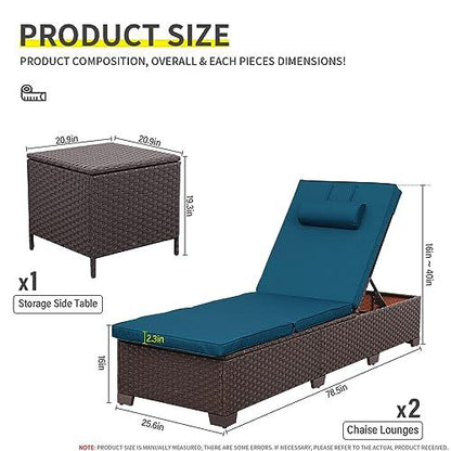 Outdoor PE Wicker Chaise Lounge Set, Patio Lounge Chairs, Outside Poolside Lounger Furniture Set of 3, Brown Rattan Recliners with Adjustable Backrest, Peacock Blue Cushions, and Storage Table - CookCave