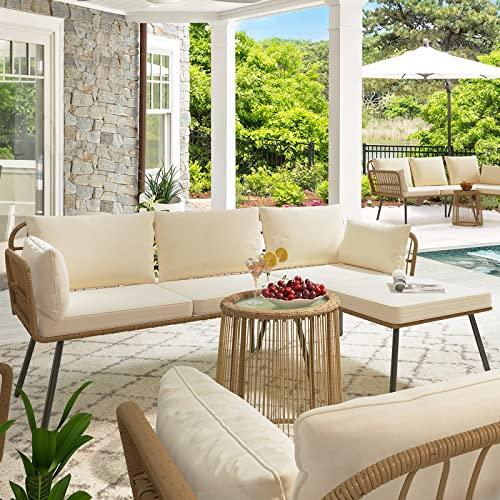 YITAHOME 3 Pieces Patio Furniture Set, Outdoor Wicker Conversation Sectional L-Shaped Sofa with 4 Seater for Backyard, Porch, Boho Detachable Lounger with Cushions and Coffee Table - Beige - CookCave