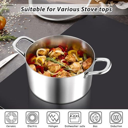 E-far 4 Quart Stock Pot, Tri-Ply Stainless Steel Cooking Pot with Glass Lid and Riveted Handles, Metal Pasta Soup Pot for Induction Ceramic Electric Gas Stoves, Heavy Duty & Dishwasher Safe - CookCave