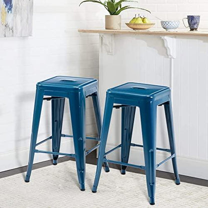 Vogue Furniture Direct 24 Inch Metal Bar Stools, Backless Counter Height Barstools, Indoor Outdoor Stackable Stools with Square Seat, Set of 2 (Deep Blue) - CookCave