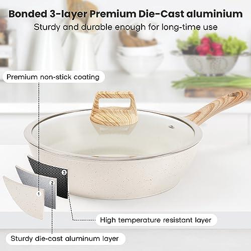 SODAY Pots and Pans Set Non Stick, 12 Pcs Kitchen Cookware Sets Induction Cookware Granite Cooking Set with Frying Pans, Saucepans, Steamer Silicone Shovel Spoon & Tongs (White) - CookCave