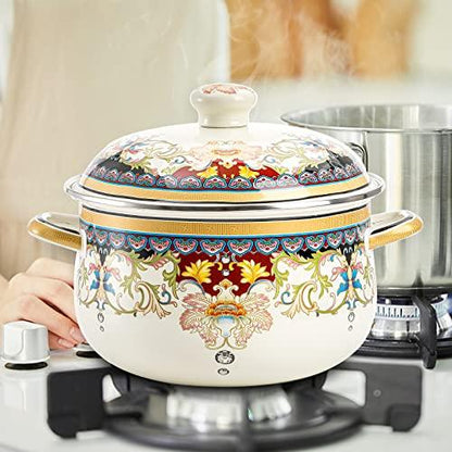ZENFUN Kitchen Enamel Stockpot with Lid, 4.5 Quart Retro Flower Stew Bean Cooking Pot, Vintage Thicken Soup Pot with Handles, Nonstick, Safe for Induction Cookers, Gas Stove - CookCave