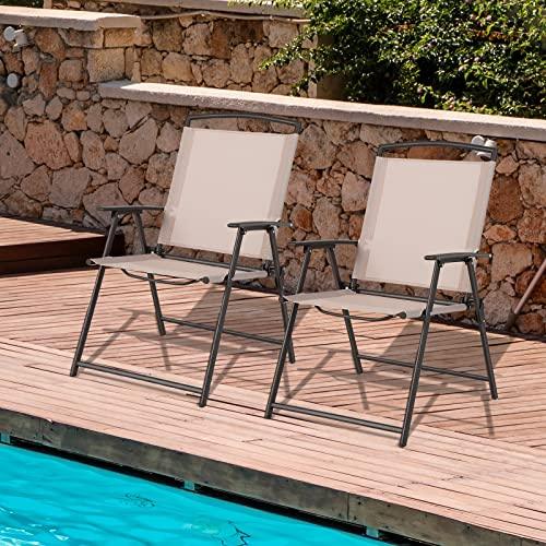 Giantex Set of 2 Patio Folding Chairs - Outdoor Sling Chairs with Armrests and Rustproof Steel Frame, Patio Dining Chairs with Breathable Fabric for Garden, Backyard Poolside Indoors, No Assembly (1) - CookCave