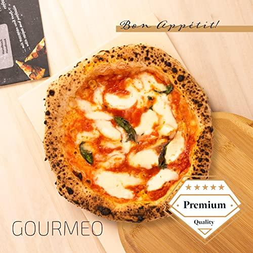 GOURMEO Pizza Stone Pan and Wooden Pizza Paddle - 15x11.8x0.6 inch - Cordiete Bread Beaking Stone w/Pizza Peel - Suitable for Oven & Grill - CookCave