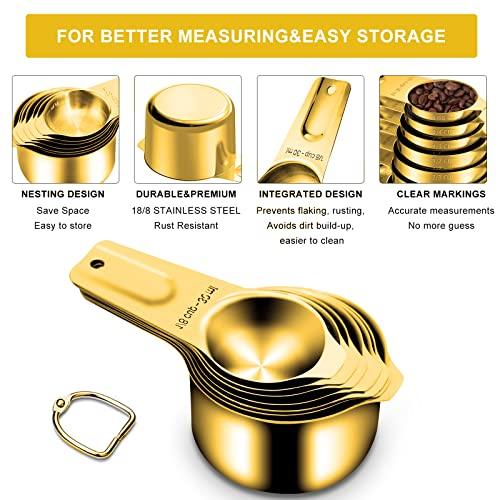 LIFETOWE Gold Measuring Cups and Spoons Set of 15, 18/8 Stainless Steel, Includes 7 Nesting Metal Measuring Cups,8 Magnetic Measuring Spoons set - Ideal Kitchen Gadgets for Cooking and Baking Needs - CookCave