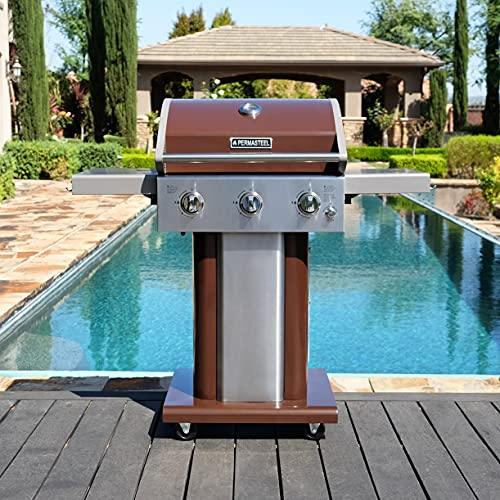 Permasteel 3-Burner Gas Grill | Cast Iron Cooking Grates, Grilling Tools Holder, Foldable Sides, PG-A40301-MO, Pedestal Style, 30000 Total BTUs - Mocha - CookCave