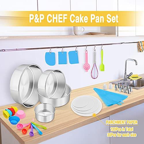 P&P CHEF 153Pcs Cake Baking Pan Set Decorating Supplies Kit, Stainless Steel 4/6/8/9.5 Inch Cake Pans with Icing Tips Tools, Parchment Papers, Whisk, Egg Separator, Muffin Cups, Measuring Spoon - CookCave